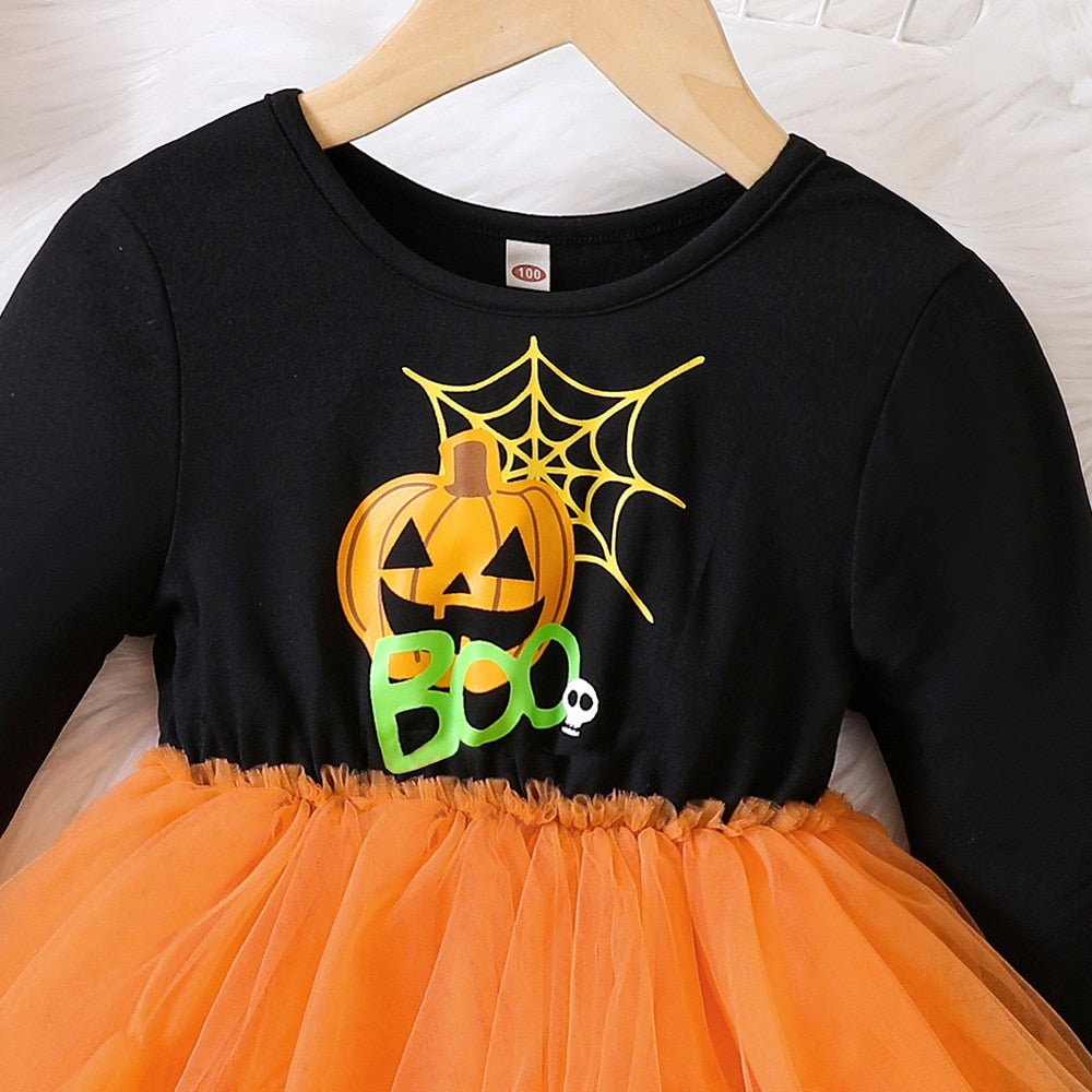 Halloween Tutu Dress for Girl Pumpkin Print Casual Dresses Long Sleeve