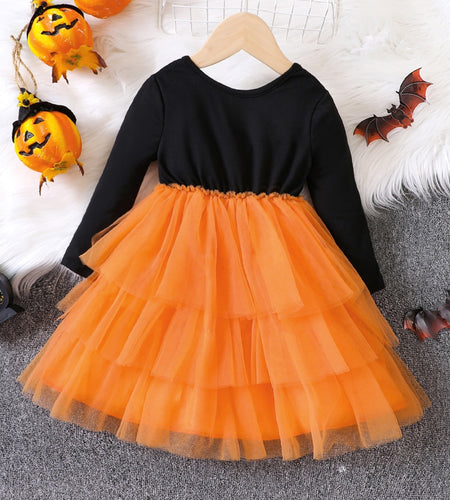Halloween Tutu Dress for Girl Pumpkin Print Casual Dresses Long Sleeve