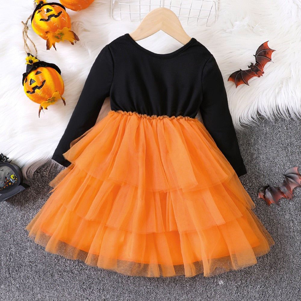 Halloween Tutu Dress for Girl Pumpkin Print Casual Dresses Long Sleeve