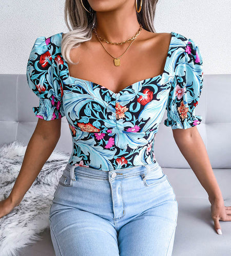 Square Collar Floral Printed Chiffon Tops