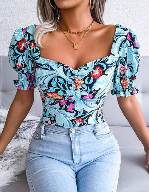 Load image into Gallery viewer, Square Collar Floral Printed Chiffon Tops
