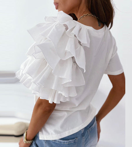 O Neck Solid Blouse Shirt Layered Ruffle Tops Blusa