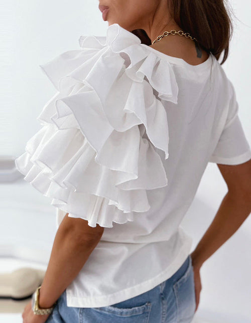 Load image into Gallery viewer, O Neck Solid Blouse Shirt Layered Ruffle Tops Blusa
