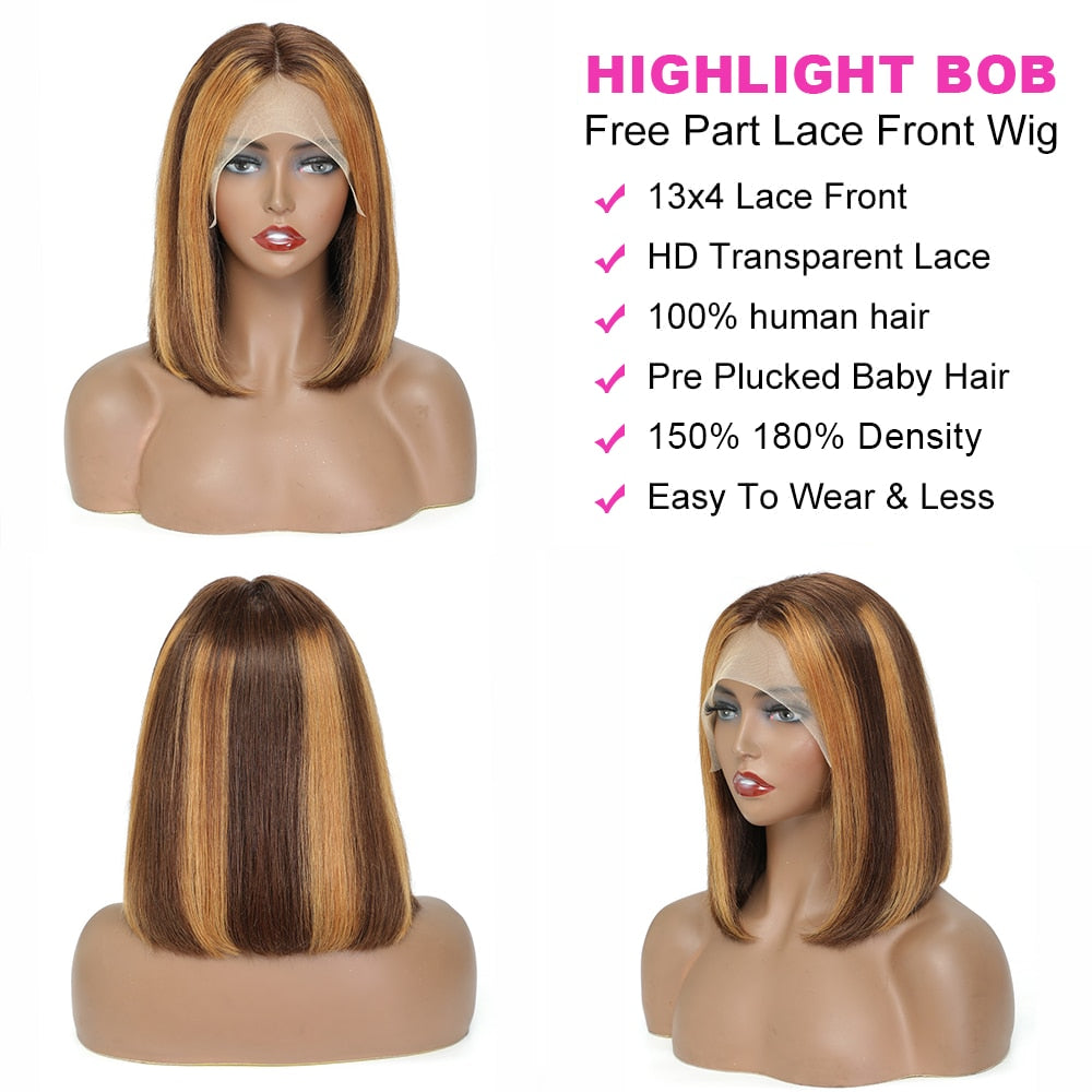 Highlight Bob Wig Colored Human Hair Wigs Brazilian Straight Lace