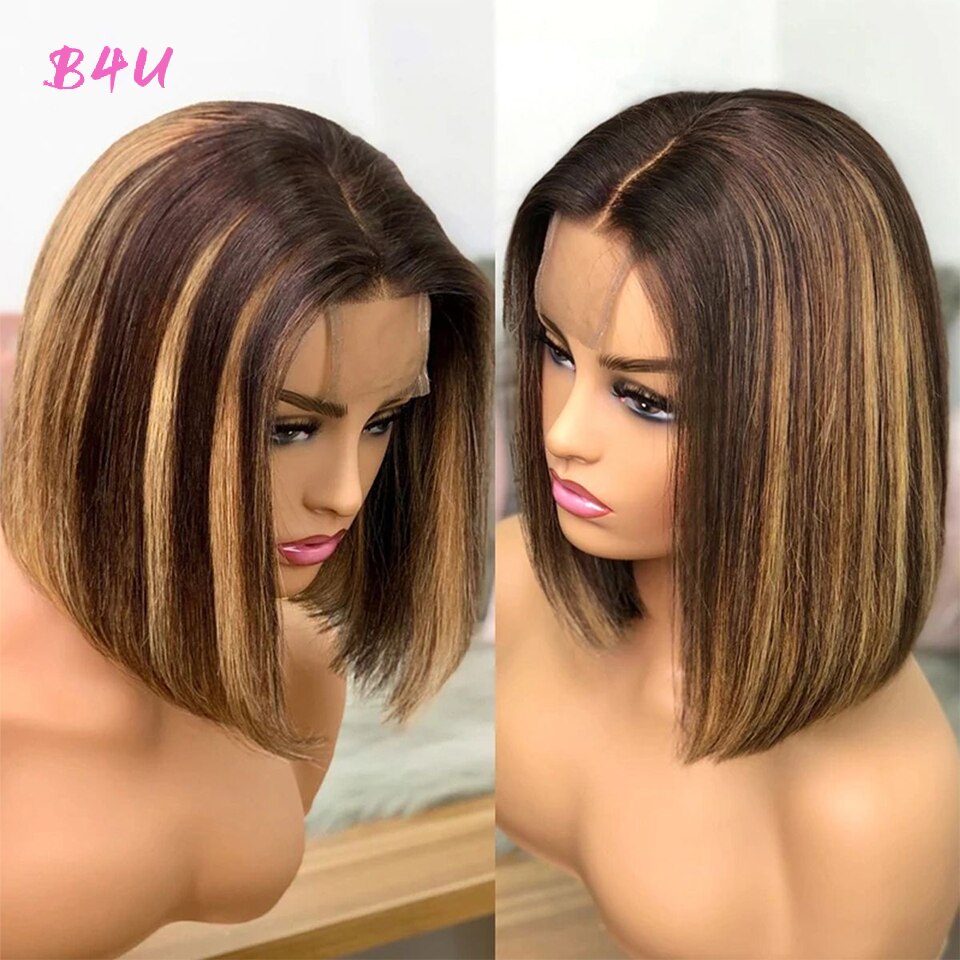 Highlight Bob Wig Colored Human Hair Wigs Brazilian Straight Lace