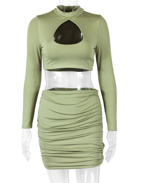 Load image into Gallery viewer, Hollow out Ruched Long Sleeves Crop Top And Mini Skirt
