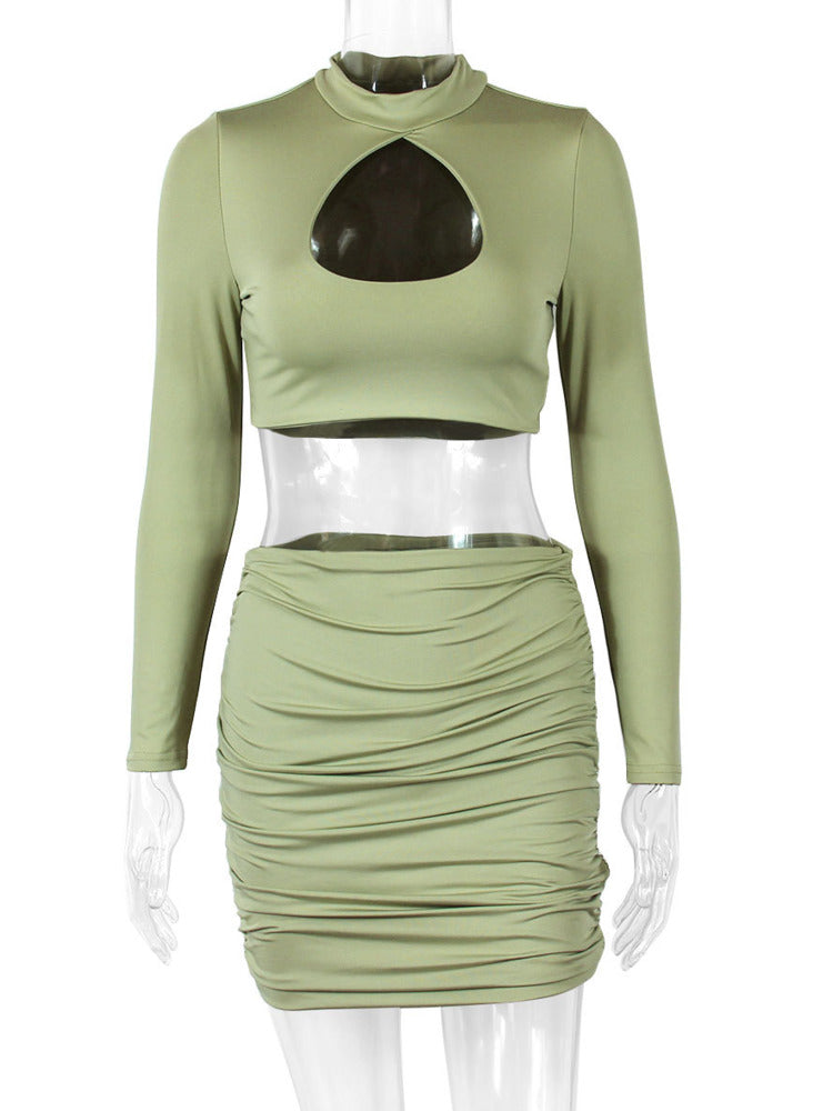 Hollow out Ruched Long Sleeves Crop Top And Mini Skirt