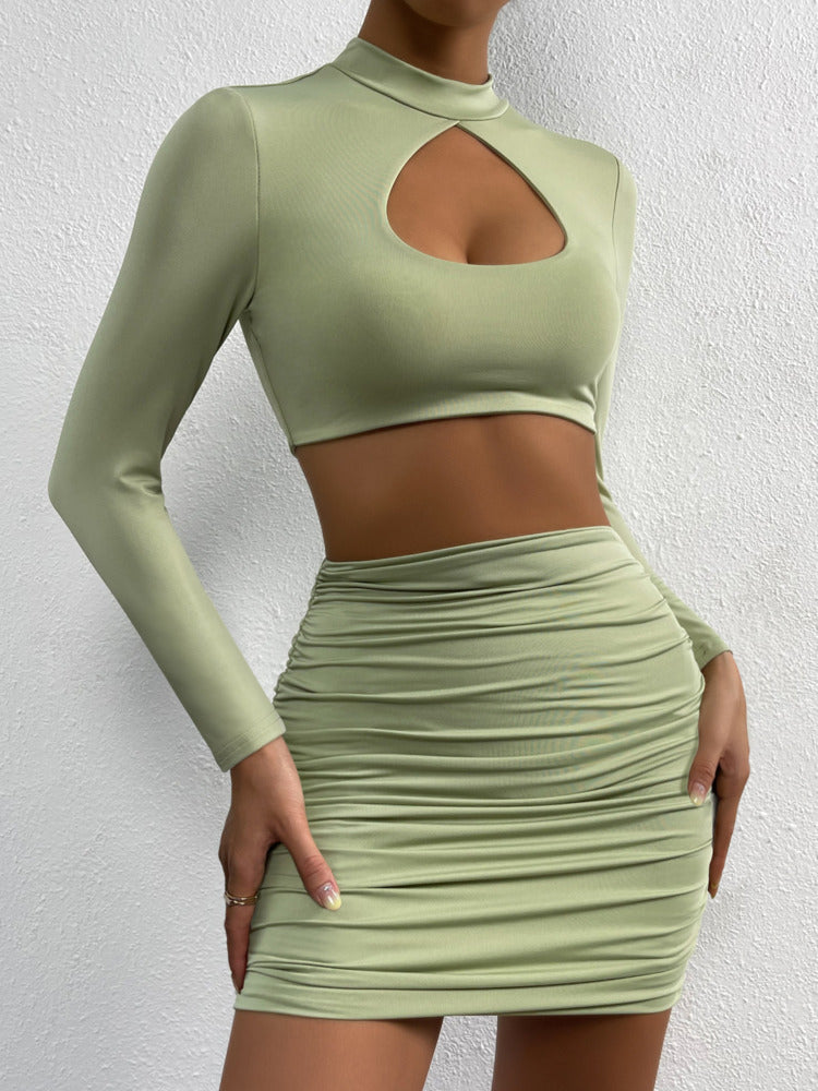 Hollow out Ruched Long Sleeves Crop Top And Mini Skirt