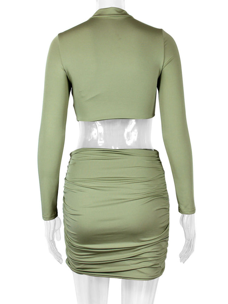 Hollow out Ruched Long Sleeves Crop Top And Mini Skirt