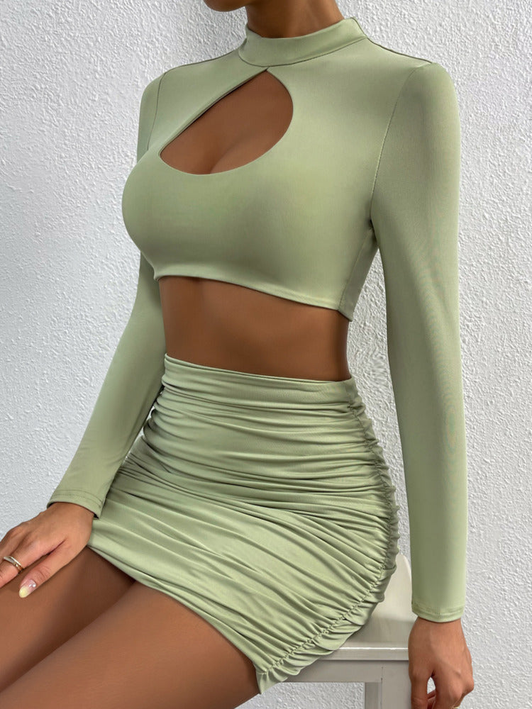 Hollow out Ruched Long Sleeves Crop Top And Mini Skirt