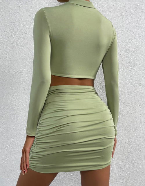 Load image into Gallery viewer, Hollow out Ruched Long Sleeves Crop Top And Mini Skirt
