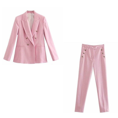 2 Piece Set  Double Breasted Blazer  Button High Waist Trousers