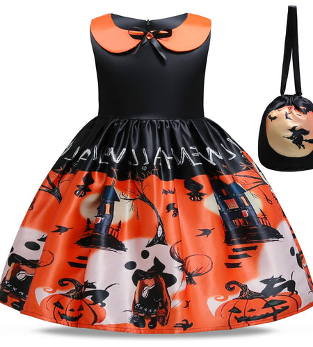 Magic Witch Halloween Costume for Kids Ghost Bat Pumpkin Gothic