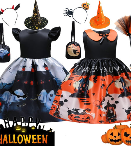 Magic Witch Halloween Costume for Kids Ghost Bat Pumpkin Gothic