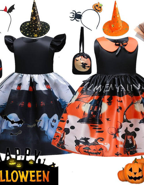 Load image into Gallery viewer, Magic Witch Halloween Costume for Kids Ghost Bat Pumpkin Gothic
