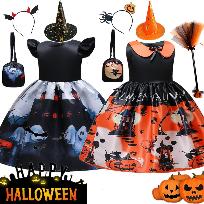 Magic Witch Halloween Costume for Kids Ghost Bat Pumpkin Gothic