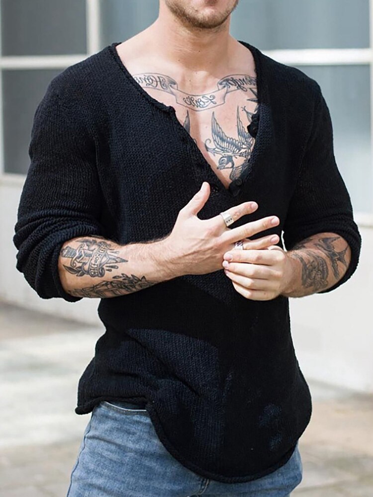 Men V Neck Streetwear Solid Basic Top Casual Loose Male Spring and