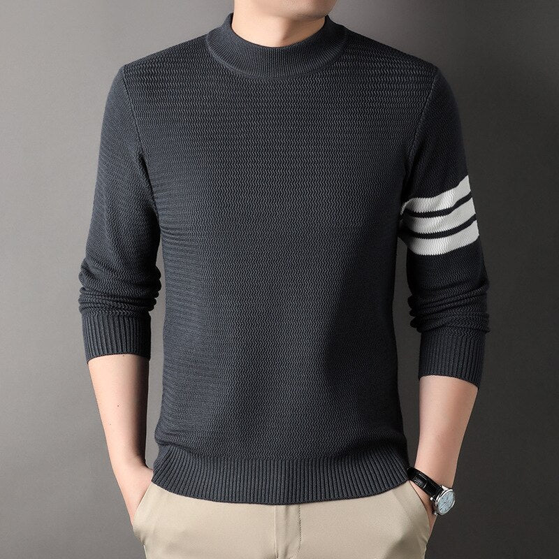 Men's Pullover Autumn and Winter New Round Neck Wave Stripe Knitted