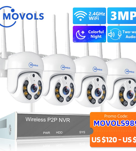 Movols H.265 3MP HD Wireless CCTV System Two Way Audio Waterproof PTZ