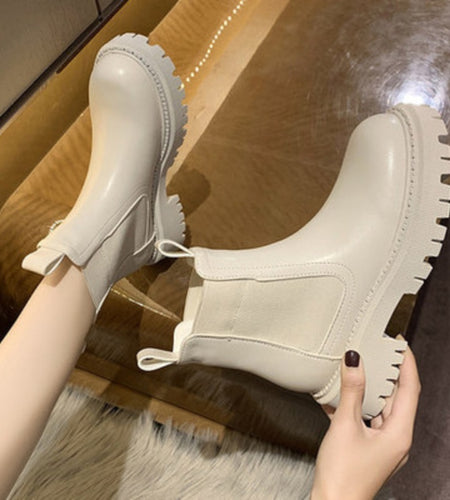 Beige Chunky Chelsea Boots Womens | Brown Ankle Boots Women Chunky -