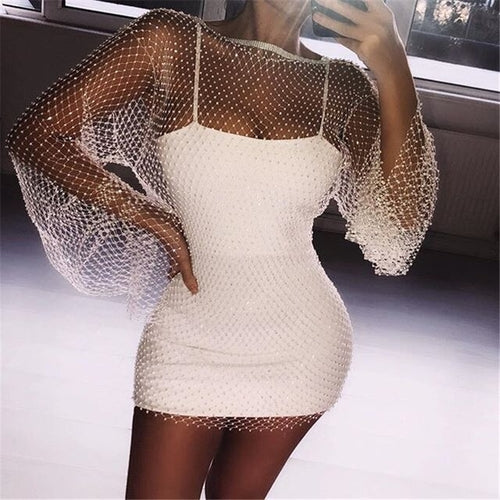 New Sexy Women Shiny Rhinestones Dress Fishnet Cutout Long Sleeve