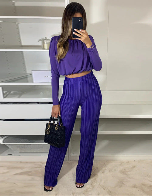 Load image into Gallery viewer, pleated High Waist Casual Pants Set with Round Neck Short Sleeve Top
