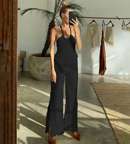 Pleated Slim Fit Halter Top and Shorts Set for Women