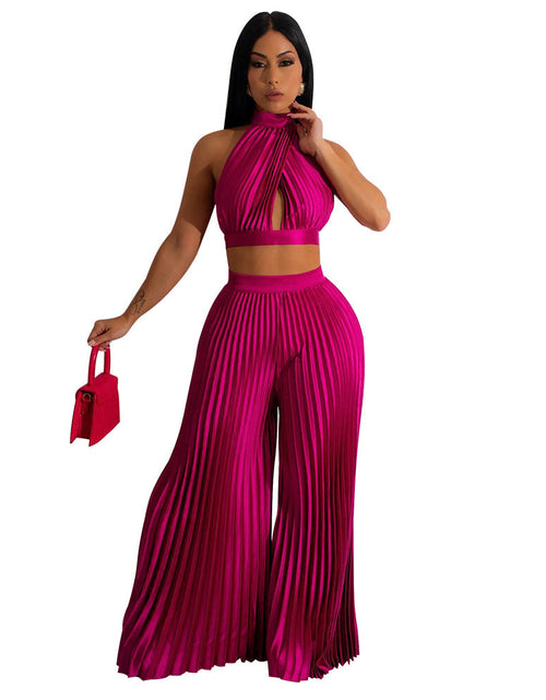 Load image into Gallery viewer, Cross-border Halter Neck Pleated Wide-Leg Pants Two-piece
