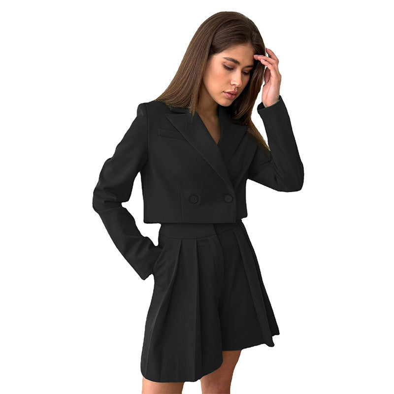 Short Blazer Sets Crop Blazer Jackets Folds Shorts Suits Sets