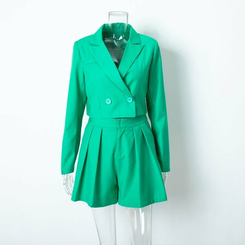 Load image into Gallery viewer, Short Blazer Sets Crop Blazer Jackets Folds Shorts Suits Sets
