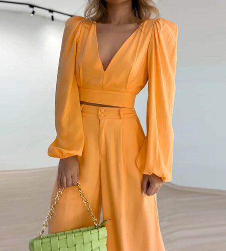 V-neck Long Sleeve Shirt High Waist Wide Leg Pants Plus Size Casual