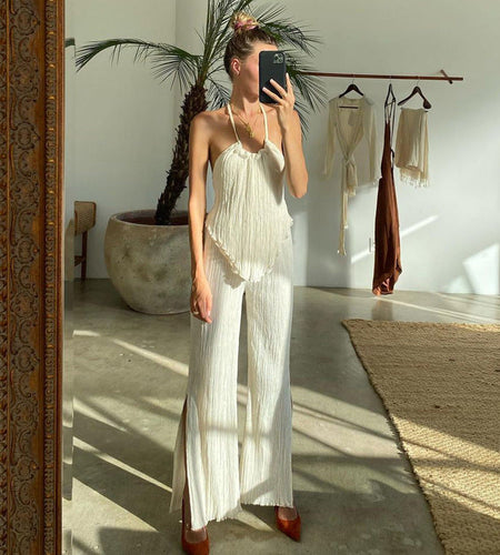 Pleated Slim Fit Halter Top and Shorts Set for Women