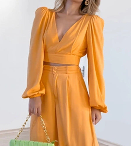 V-neck Long Sleeve Shirt High Waist Wide Leg Pants Plus Size Casual