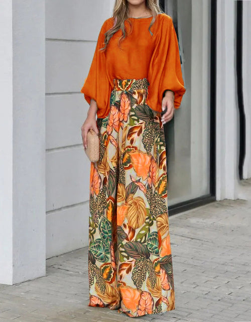 Load image into Gallery viewer, Lantern Sleeve Loose Top Wide Leg Pants Two Piece
