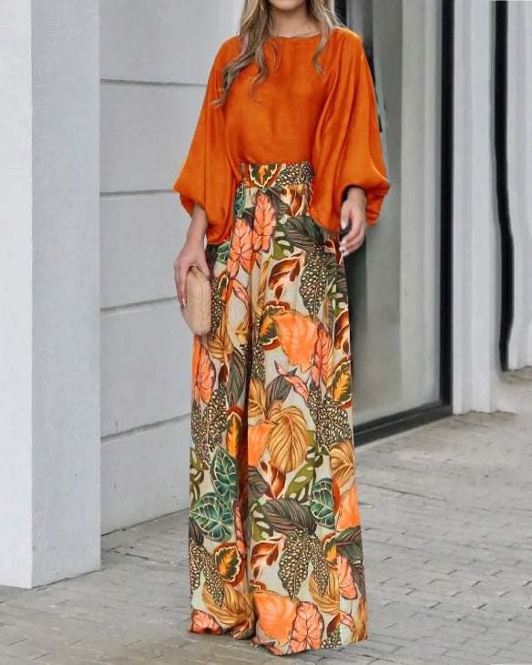 Lantern Sleeve Loose Top Wide Leg Pants Two Piece