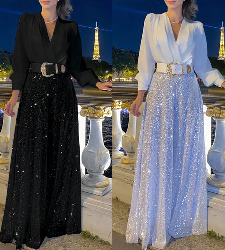 V-neck Tops Wide-leg Pants Set (No Belt)