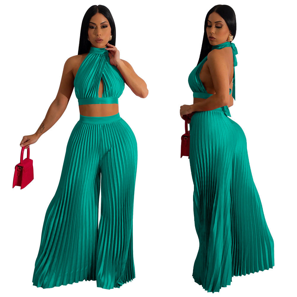 Cross-border Halter Neck Pleated Wide-Leg Pants Two-piece