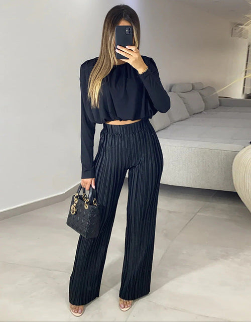 Load image into Gallery viewer, pleated High Waist Casual Pants Set with Round Neck Short Sleeve Top
