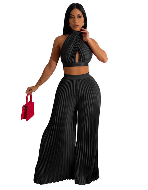 Load image into Gallery viewer, Cross-border Halter Neck Pleated Wide-Leg Pants Two-piece
