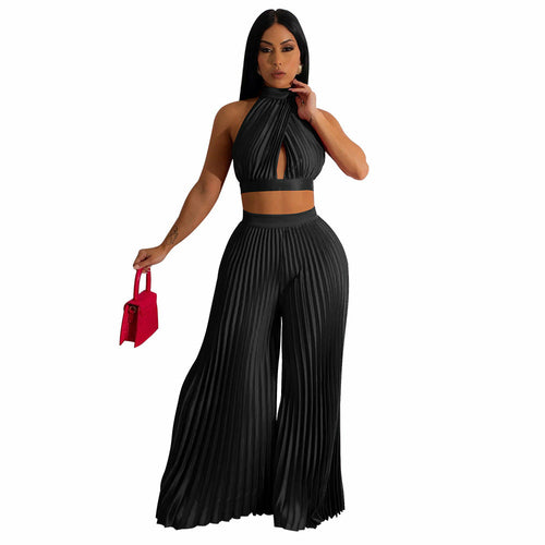 Load image into Gallery viewer, Cross-border Halter Neck Pleated Wide-Leg Pants Two-piece
