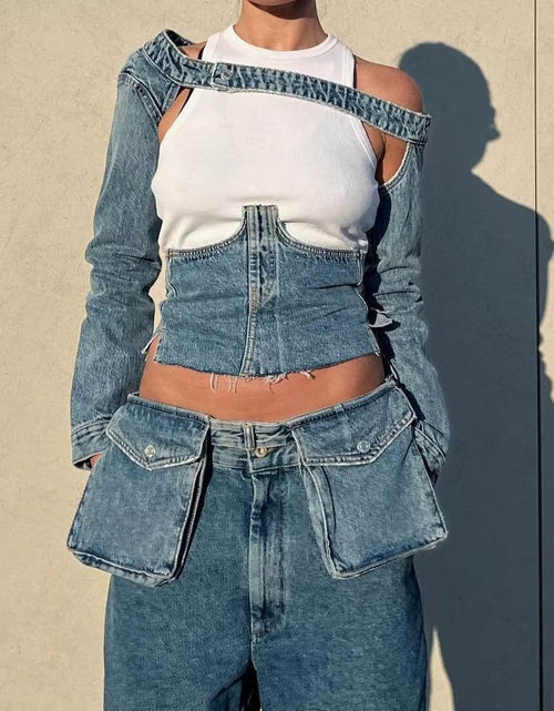 Load image into Gallery viewer, Back Bandage Jeans Crop Short  Slim Bodycon Denim Bustier Top
