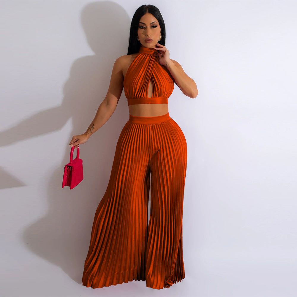 Cross-border Halter Neck Pleated Wide-Leg Pants Two-piece