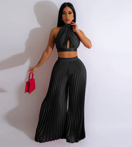 Cross-border Halter Neck Pleated Wide-Leg Pants Two-piece