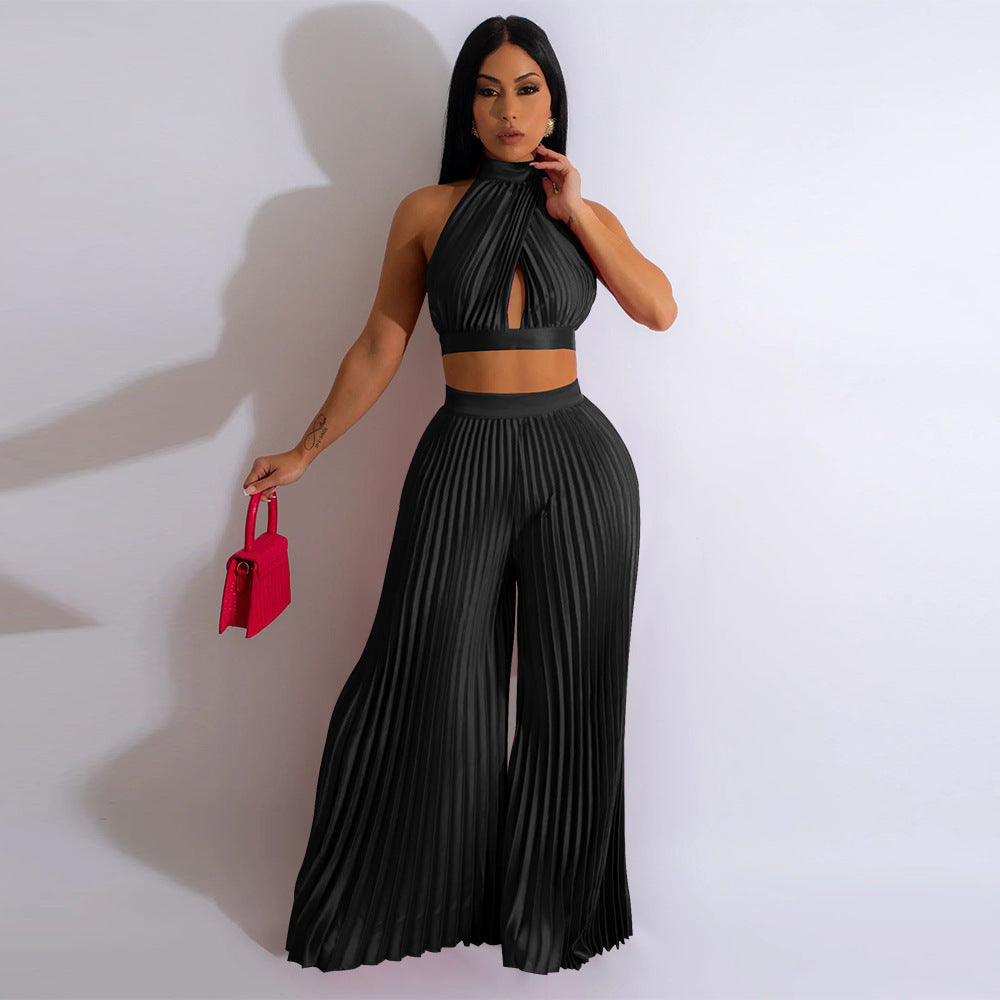 Cross-border Halter Neck Pleated Wide-Leg Pants Two-piece