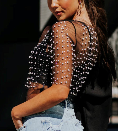 Sexy Nailed Bead Hot Drill Mesh Gauze Top