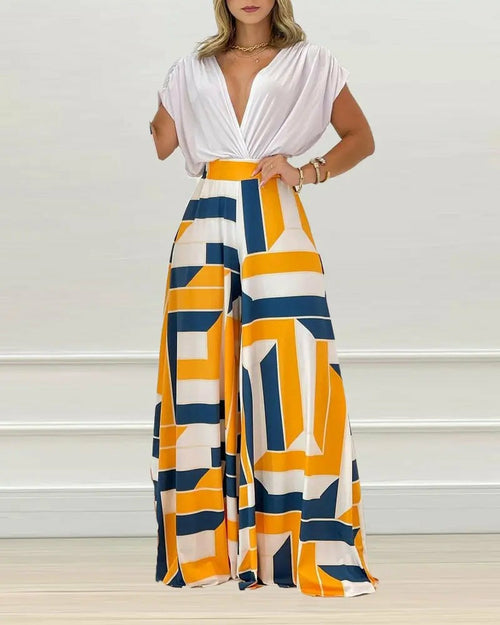 Load image into Gallery viewer, V-neck Bat Sleeve Top Printed Wide-leg Pants Suit
