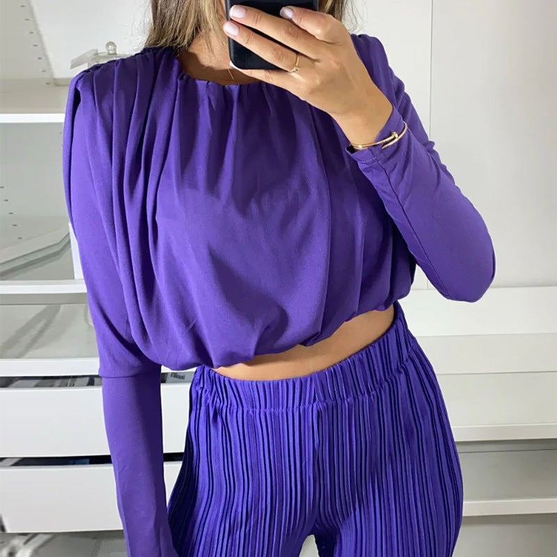 pleated High Waist Casual Pants Set with Round Neck Short Sleeve Top