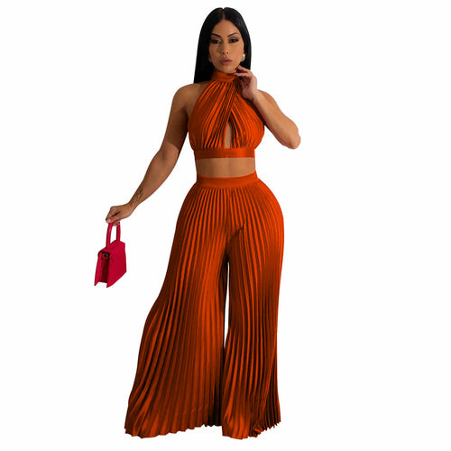 Load image into Gallery viewer, Cross-border Halter Neck Pleated Wide-Leg Pants Two-piece
