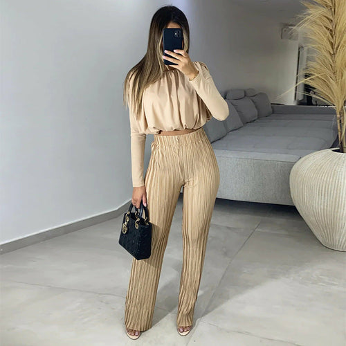 Load image into Gallery viewer, pleated High Waist Casual Pants Set with Round Neck Short Sleeve Top
