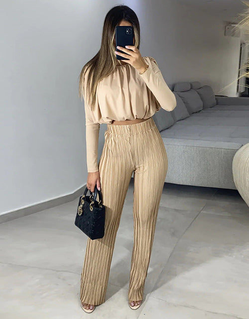 Load image into Gallery viewer, pleated High Waist Casual Pants Set with Round Neck Short Sleeve Top
